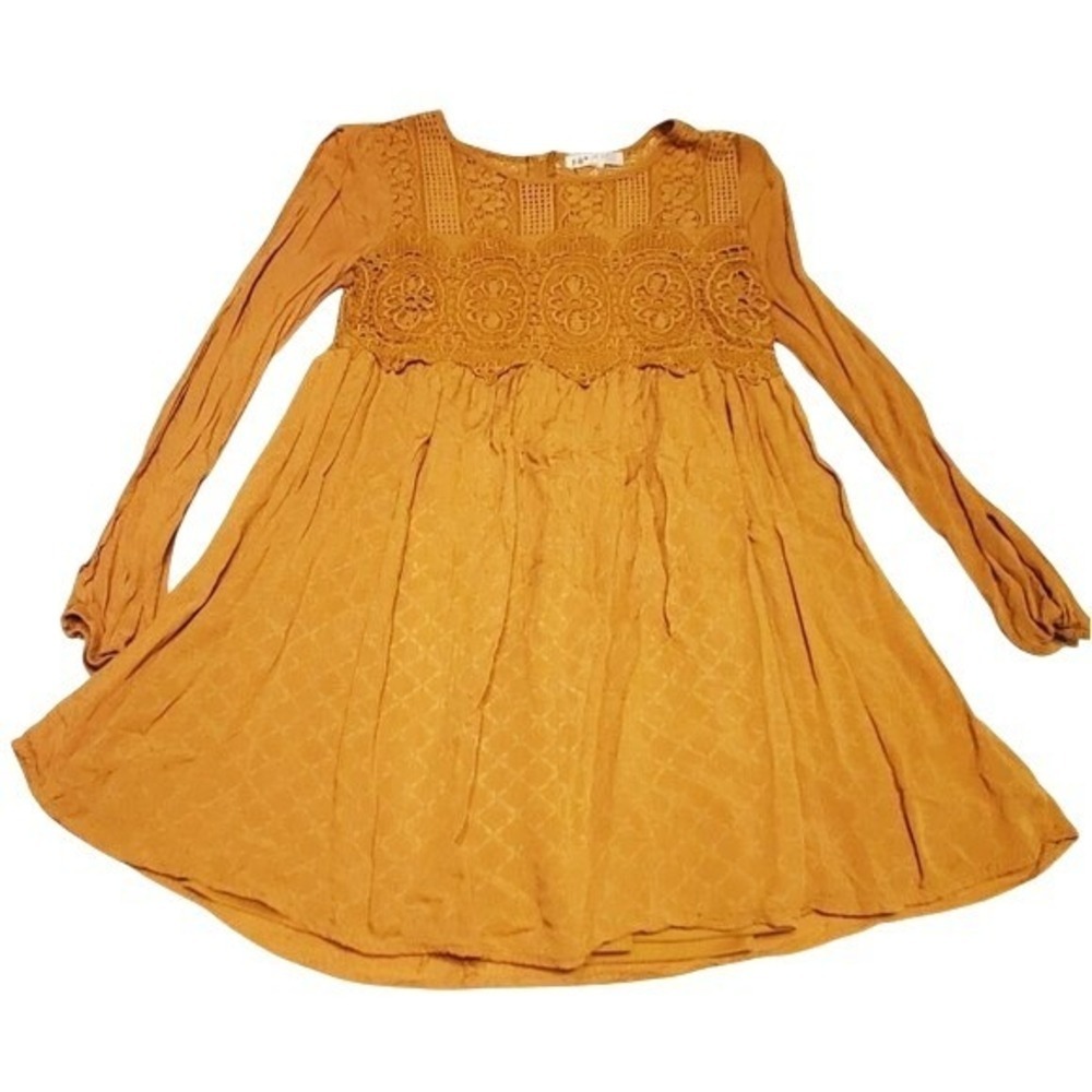 Jolt Babydoll Dress Mustard Yellow Lace Crochet Slit Sleeve Boho Festival Small